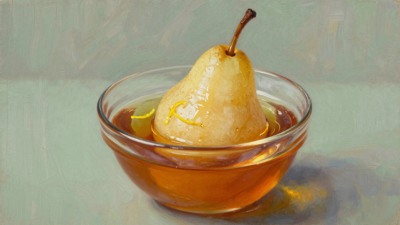 Oil painting of a poached Bosc pear in syrup