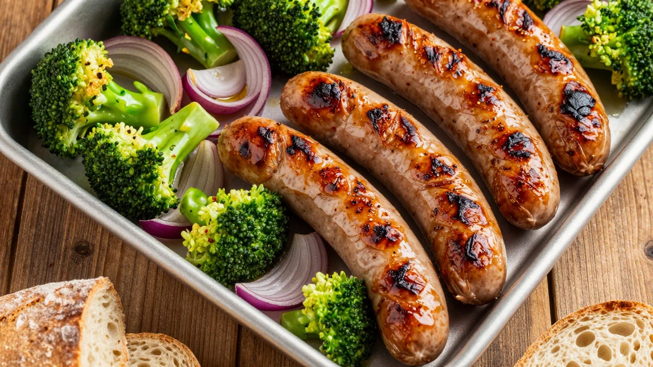 Sheet pan of roasted sausages, broccoli, and onions served with bread