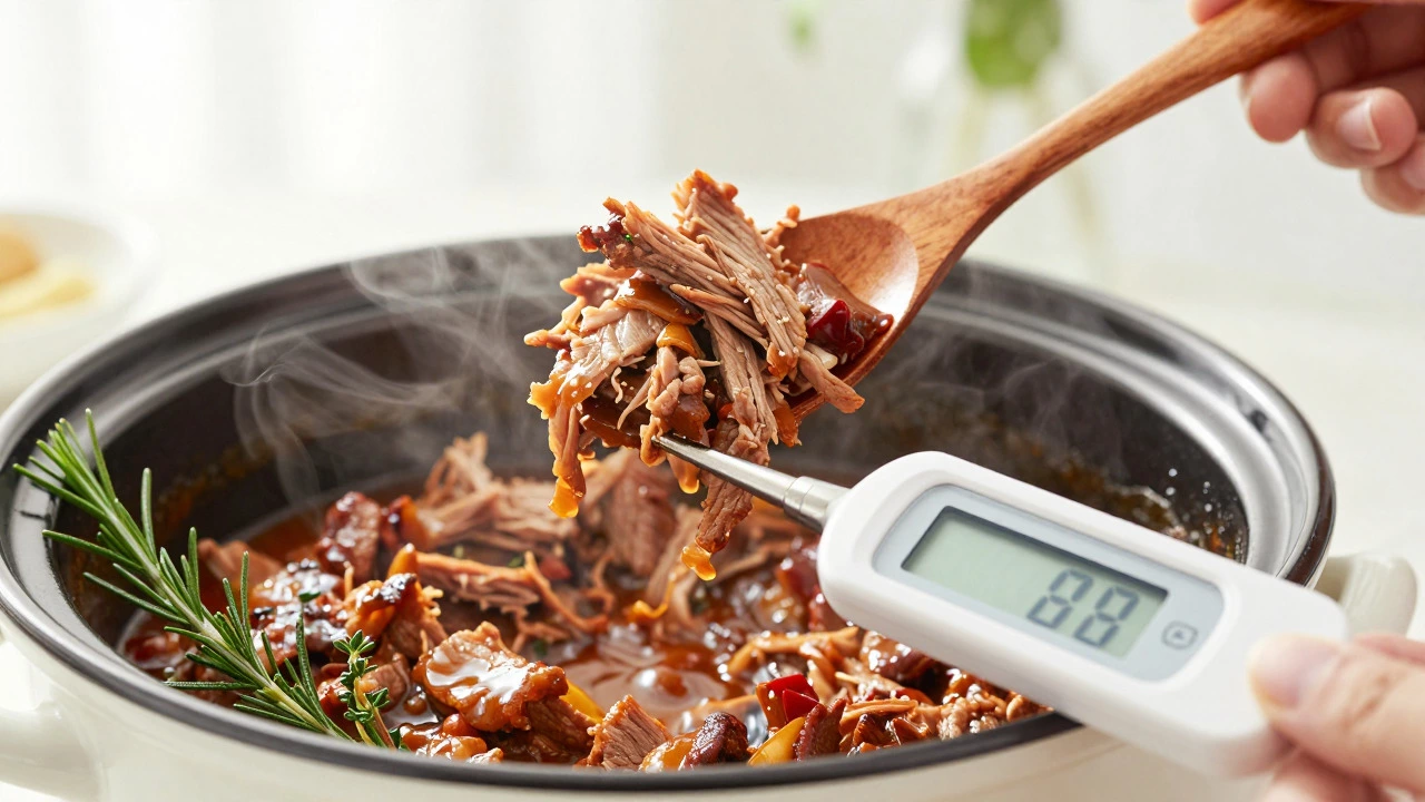 Tender shredded meat being served from a slow cooker with thermometer