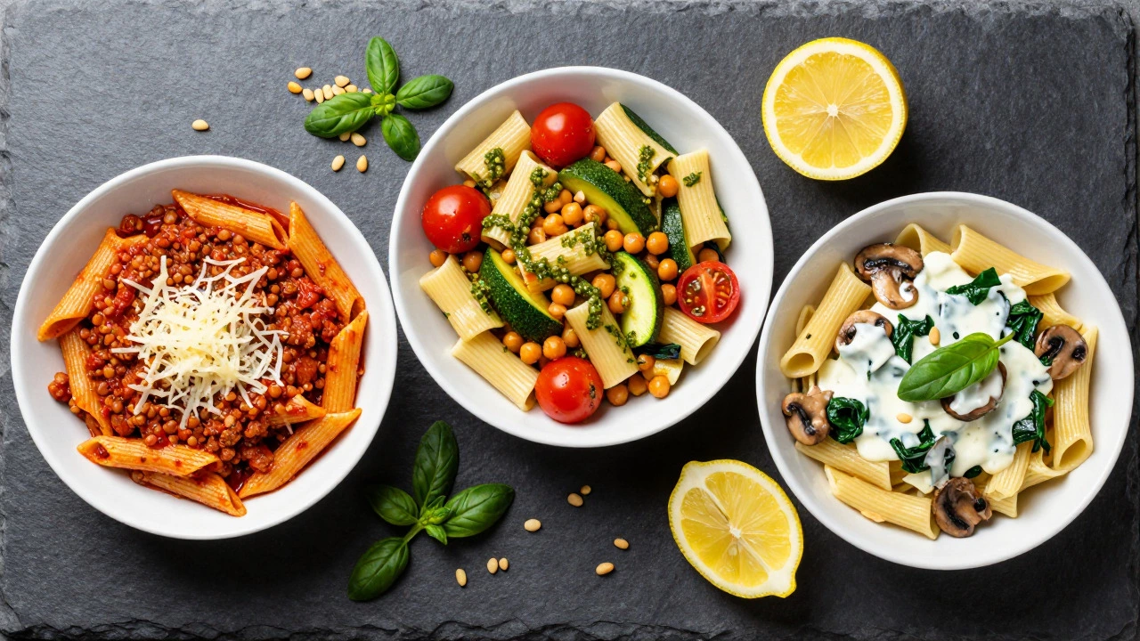 Three colorful bowls of vegetarian pasta with lentils, chickpeas, and mushrooms