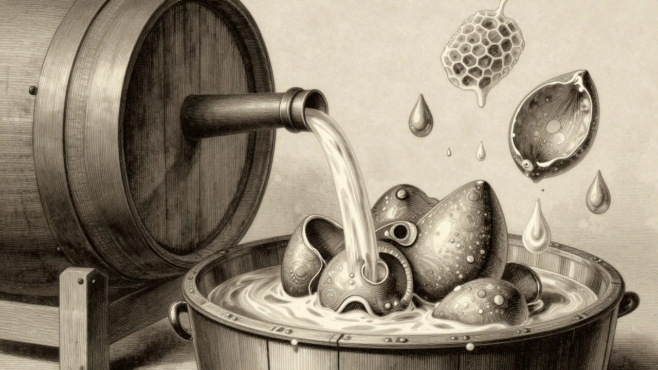 Vintage etching illustration showing wine filtration with organic shapes