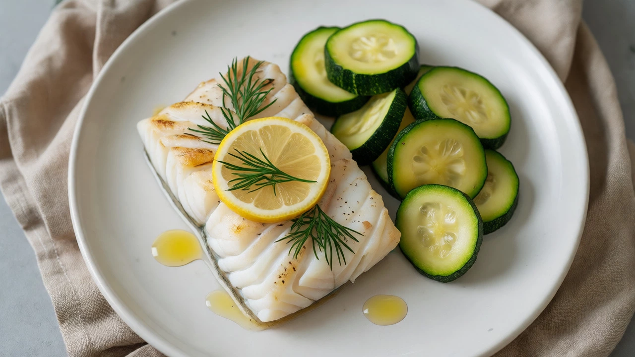 Baked cod fillet with steamed zucchini on a white plate