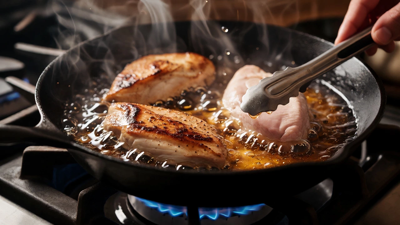 Chicken breasts searing in hot cast-iron skillet