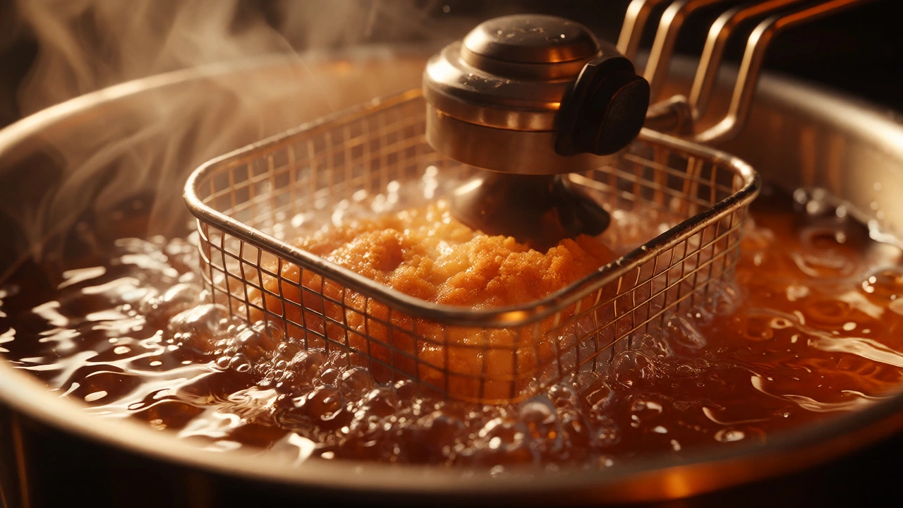 Chicken frying in a sealed pressure fryer with rising steam and hot oil