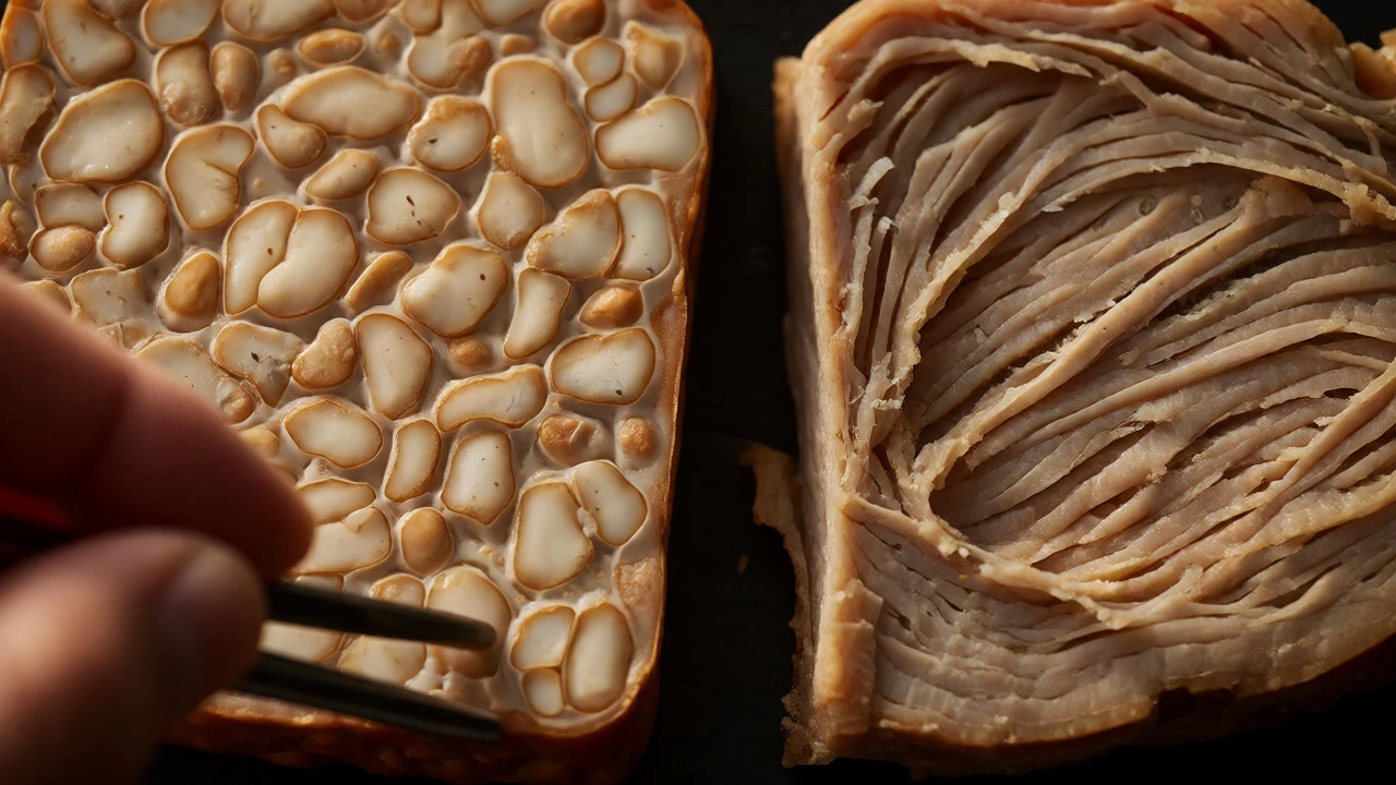 Close-up comparison of textured tempeh and seitan pieces