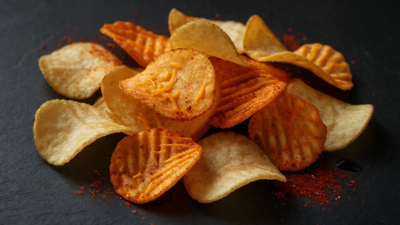 Close-up of assorted flavored potato chips on a dark slate surface