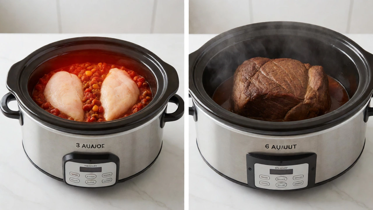 Comparison of a small mini slow cooker with food versus a large empty one.