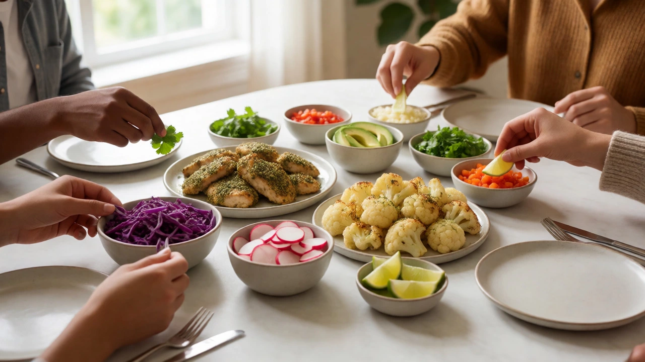 Family choosing toppings at a taco bar with chicken and veggies