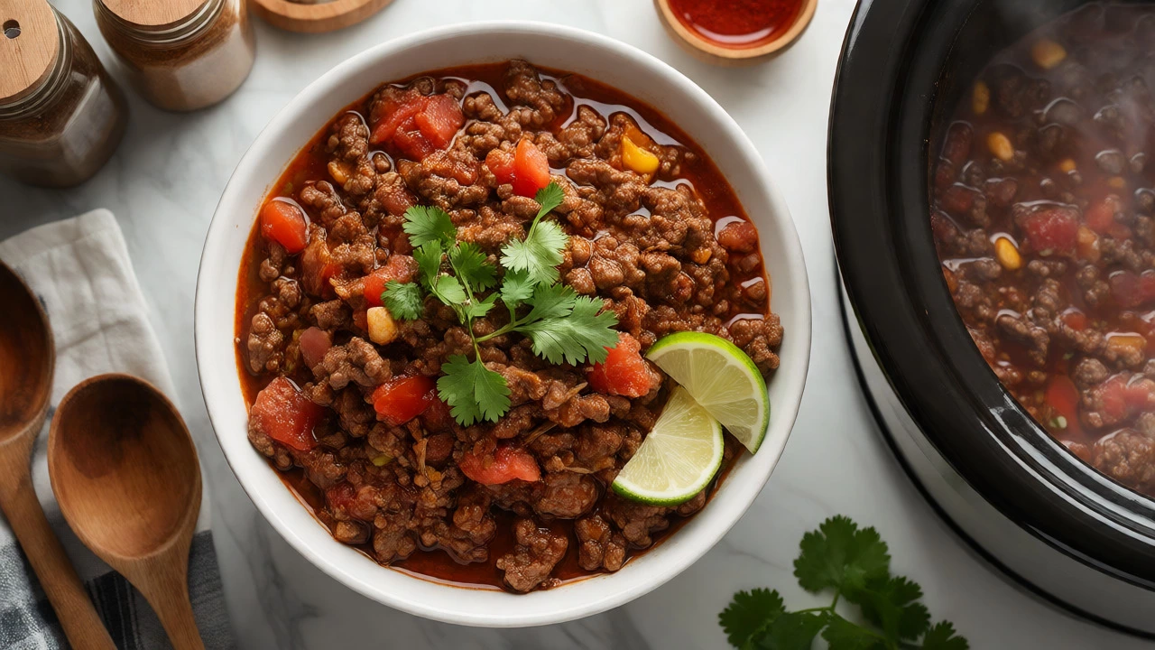 Finished hearty ground beef chili served in a bowl beside a slow cooker