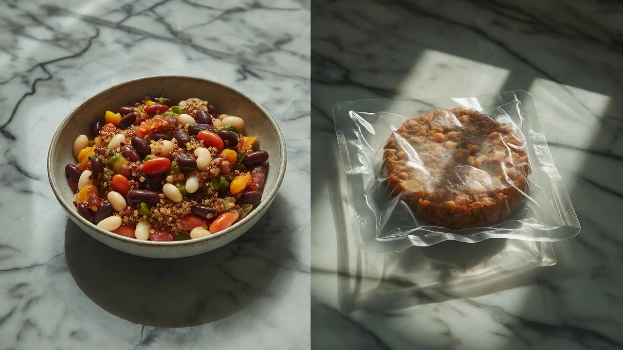 Fresh bean salad next to a packaged plant-based burger