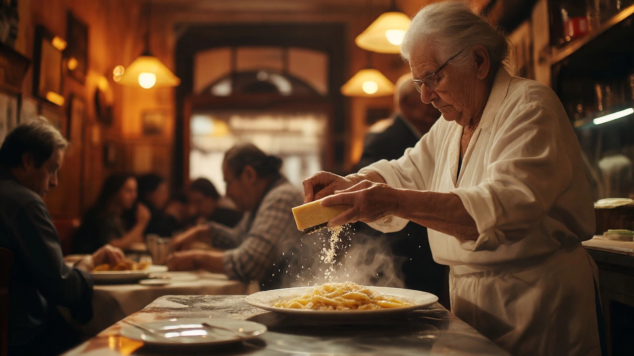 Grandmother grating Pecorino cheese over Cacio e Pepe in a Roman trattoria