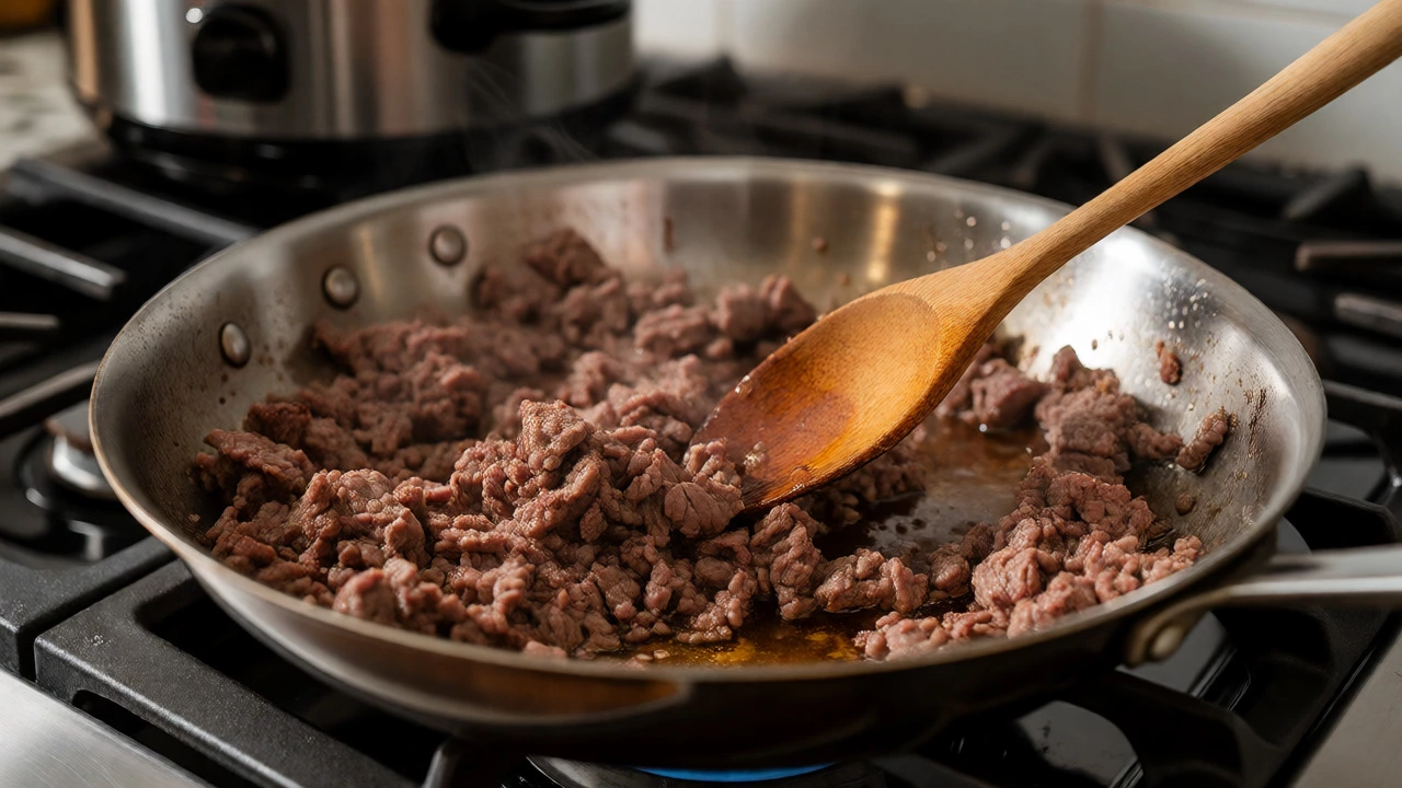 Ground beef browning and crumbling in a hot stainless steel skillet