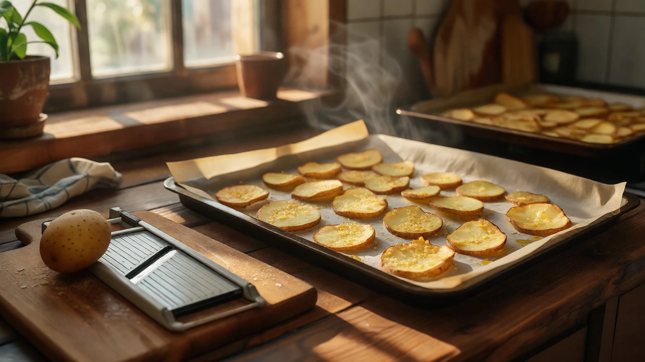 Homemade potato chips being prepared on a baking tray in a kitchen
