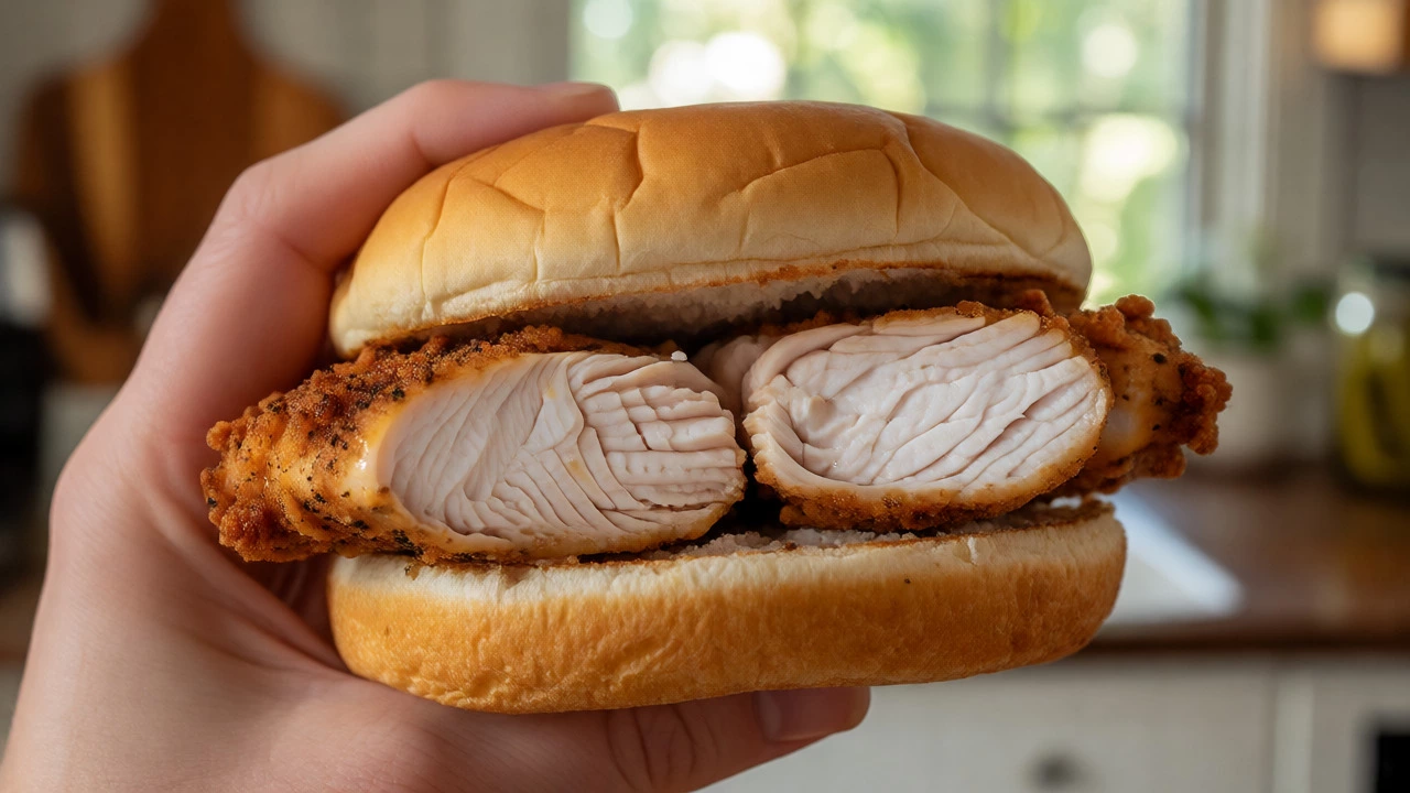 Juicy fried chicken sandwich slice showing tender meat and crispy crust