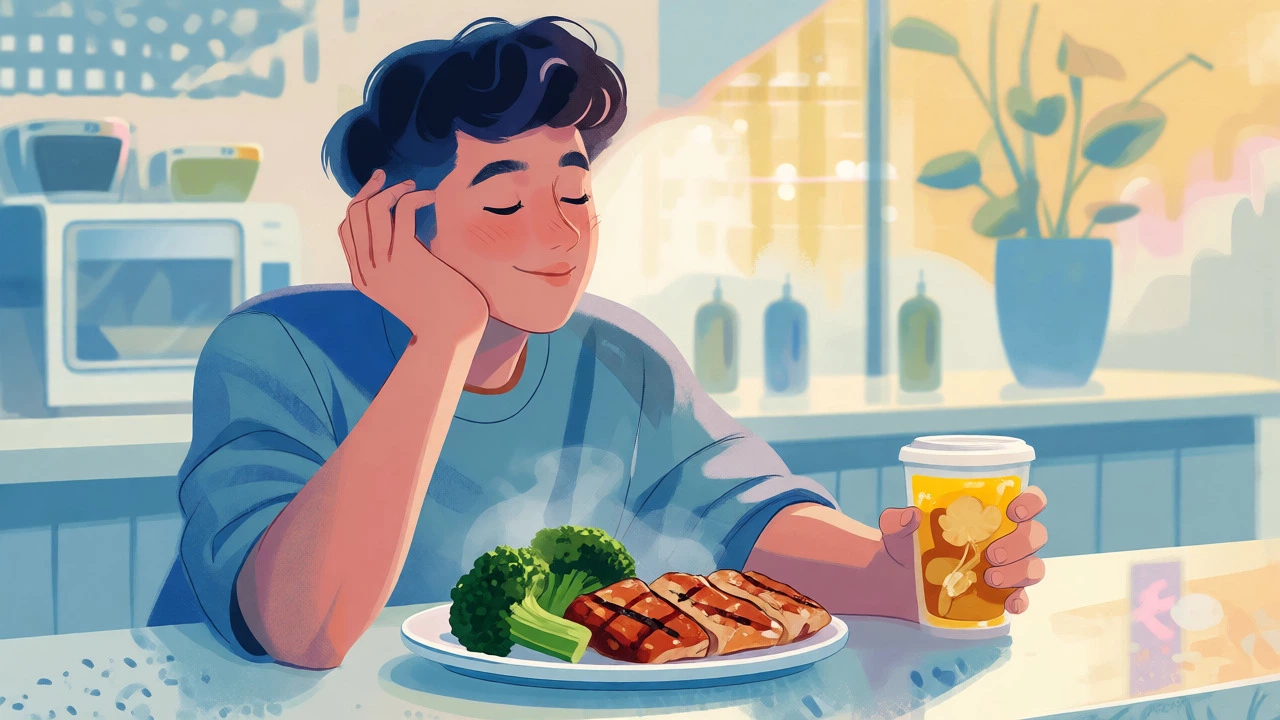 Person enjoying steamed broccoli and grilled chicken at a fast-food counter.