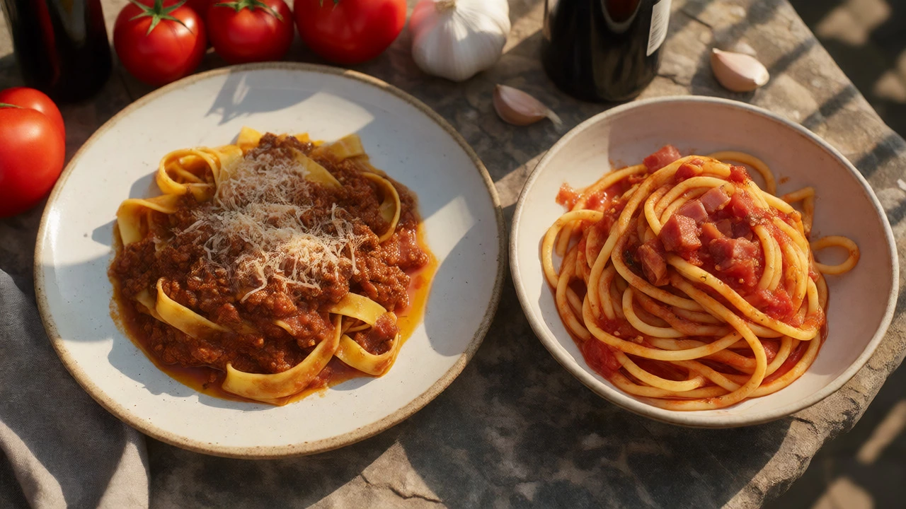 Plates of Tagliatelle al Ragù and Pasta all'Amatriciana on a stone table