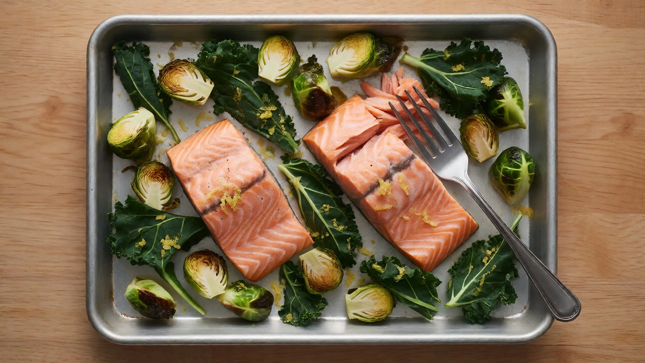 Sheet pan salmon with roasted greens and lemon zest on a wooden table