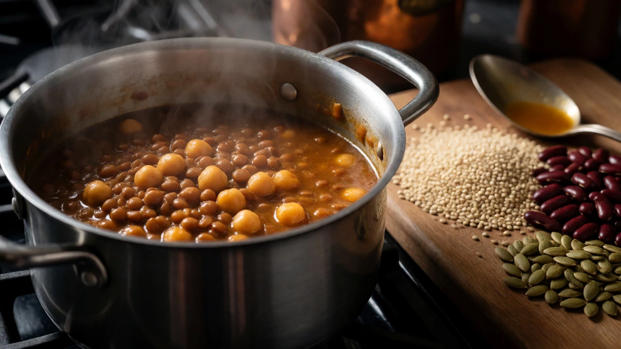Simmering pot of lentils and chickpeas surrounded by raw grains and seeds in a moody kitchen.