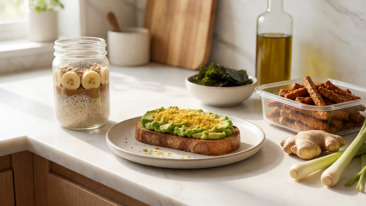 Sunlit kitchen counter with overnight oats, avocado toast, tempeh, and Asian-inspired ingredients.