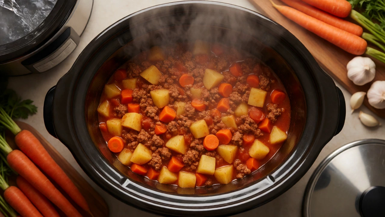 Top-down view of simmering stew in a slow cooker with prepping ingredients nearby.