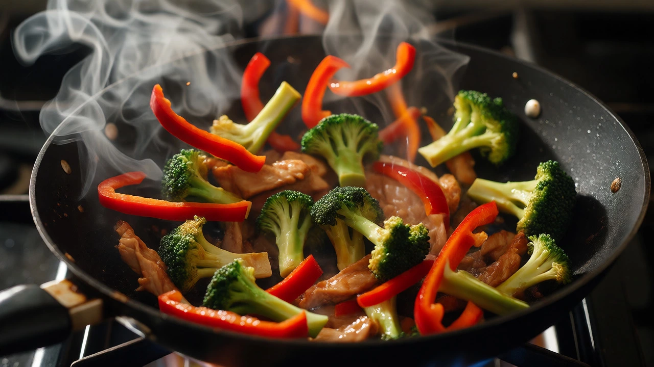 Vibrant vegetables and protein being tossed in a hot wok with steam rising