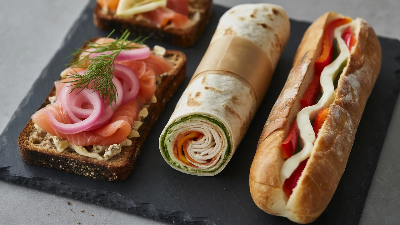 Assorted cold sandwiches including open-faced, wrap, and sub on a slate platter