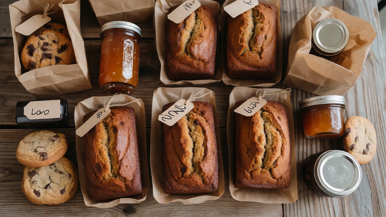 Assorted homemade baked goods and jams packed for sale on a wooden table