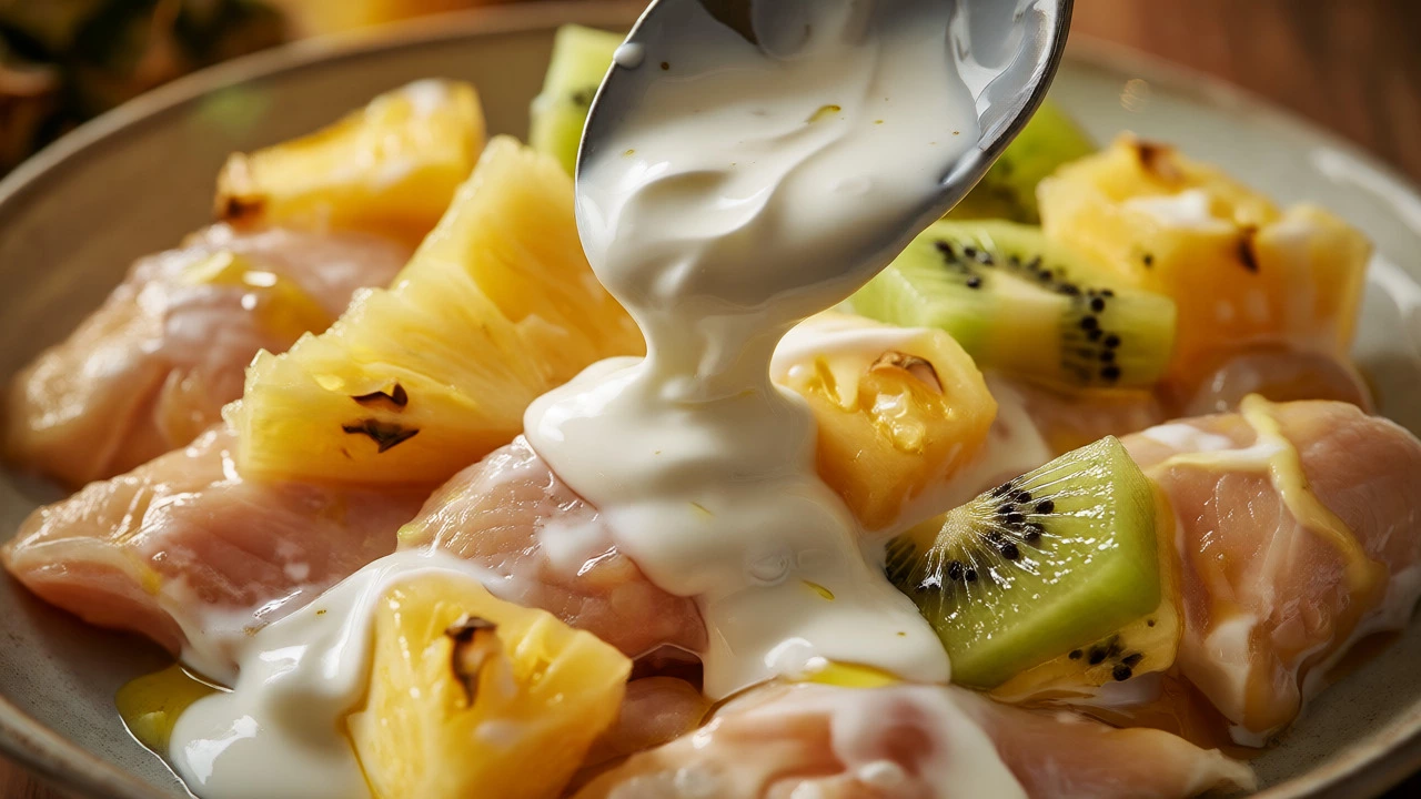 Chicken coated in yogurt with pineapple and kiwi