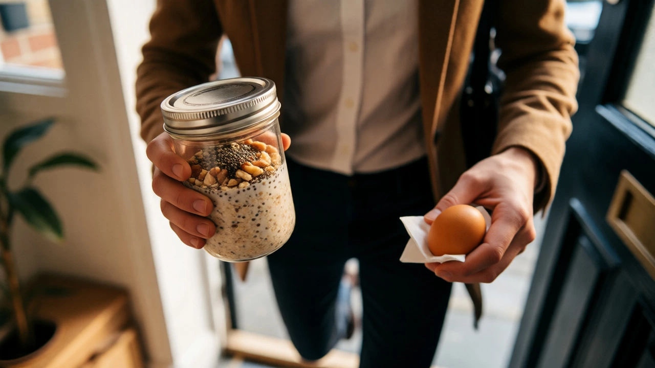 Commuter holding overnight oats jar and hard-boiled egg