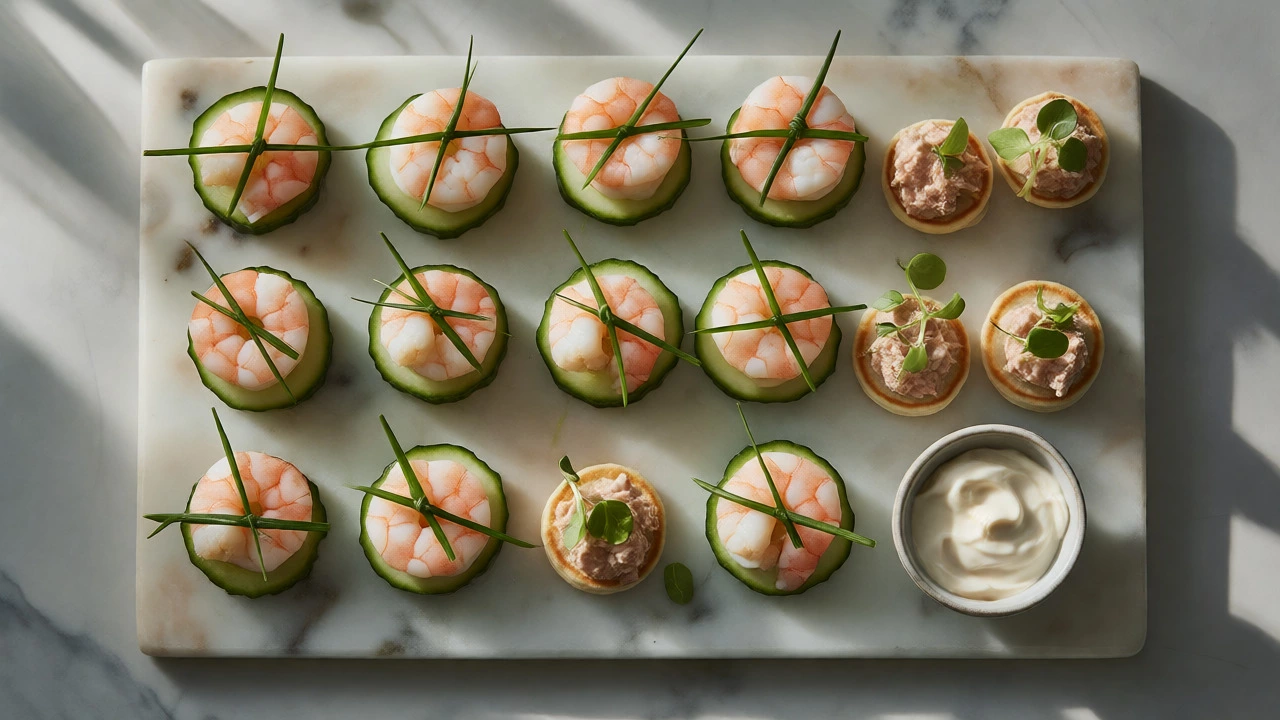 Delicate canapés and finger foods arranged on a grazing board