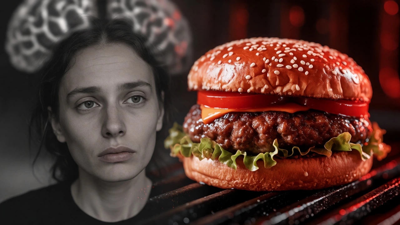 Exhausted person craving a meat burger due to nutrient deficiency