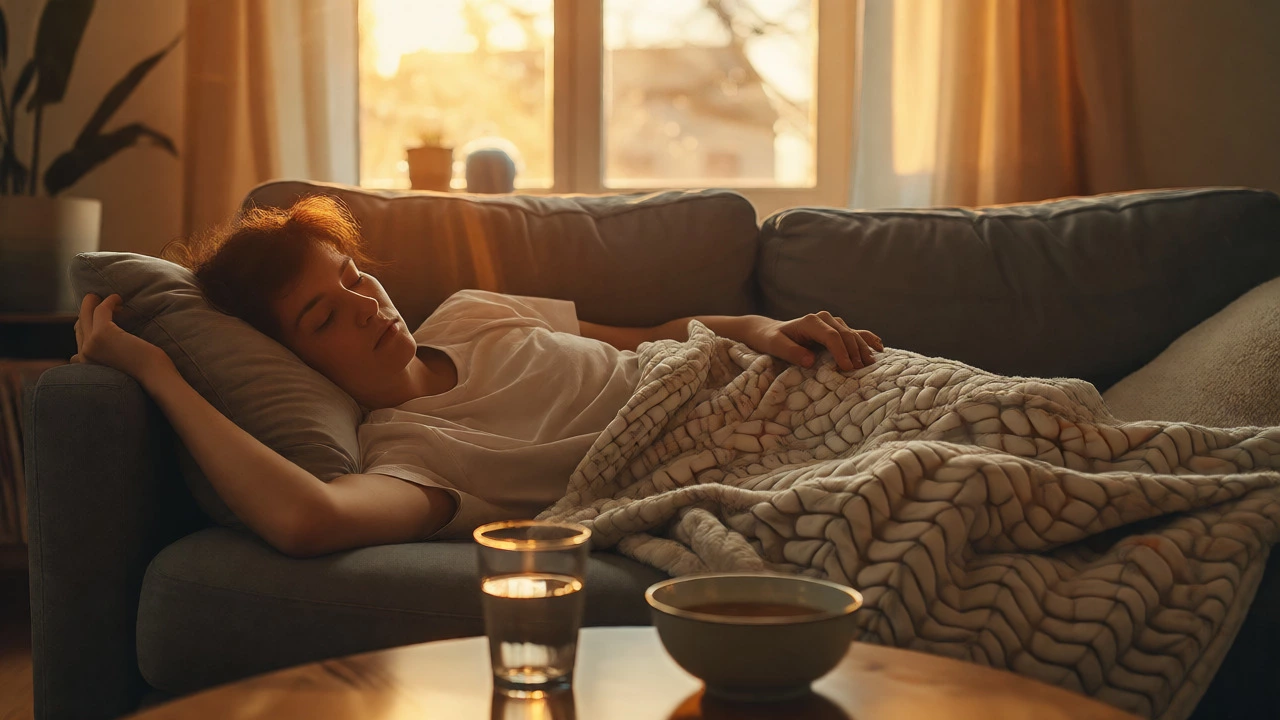 Exhausted person resting on sofa with water and broth