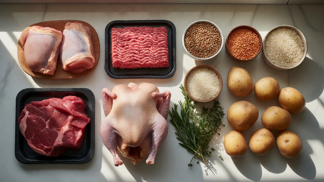 Flat lay of budget meats and pantry staples