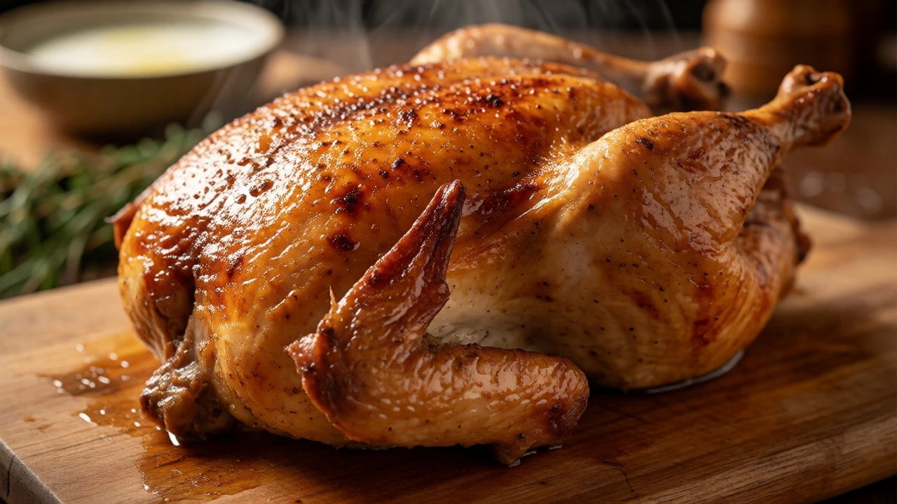 Golden roasted chicken resting on a wooden board with rising steam