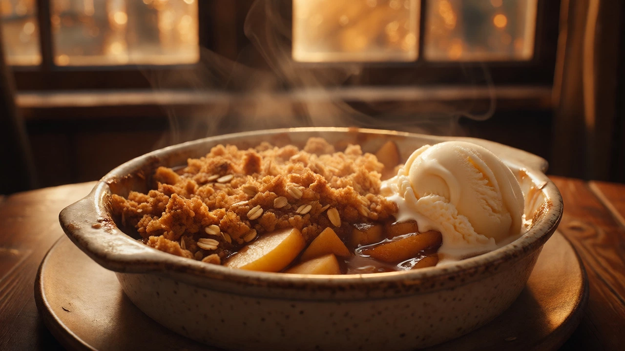 Hot apple crumble with steam rising next to a scoop of melting vanilla ice cream.