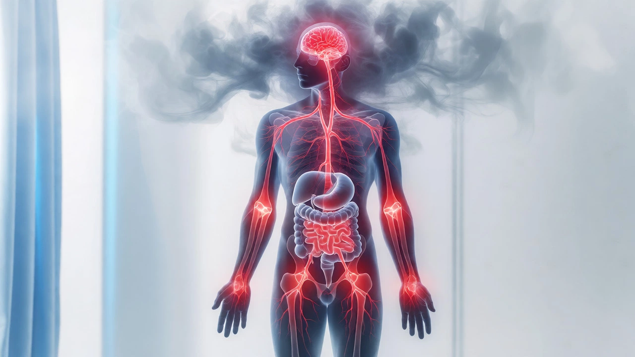 Illustration of inflammation spreading from gut to brain and joints
