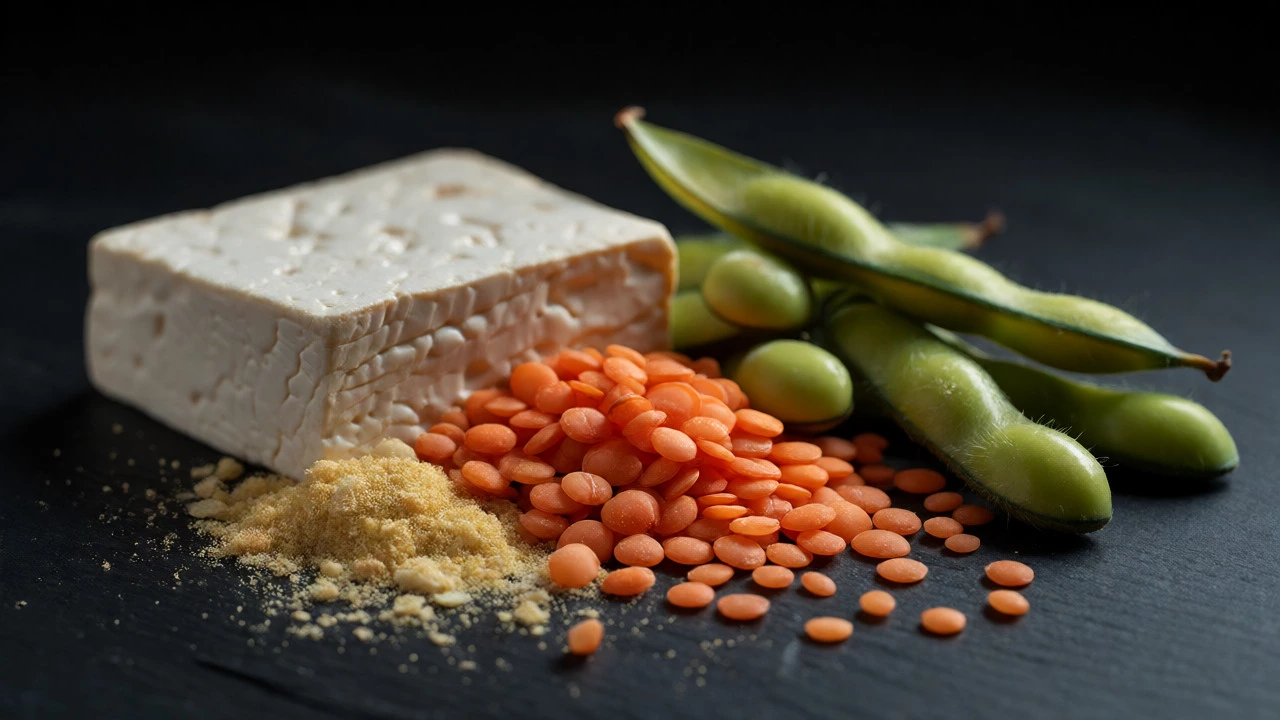 Macro shot of tofu, lentils, edamame, and nutritional yeast on a dark slate surface.