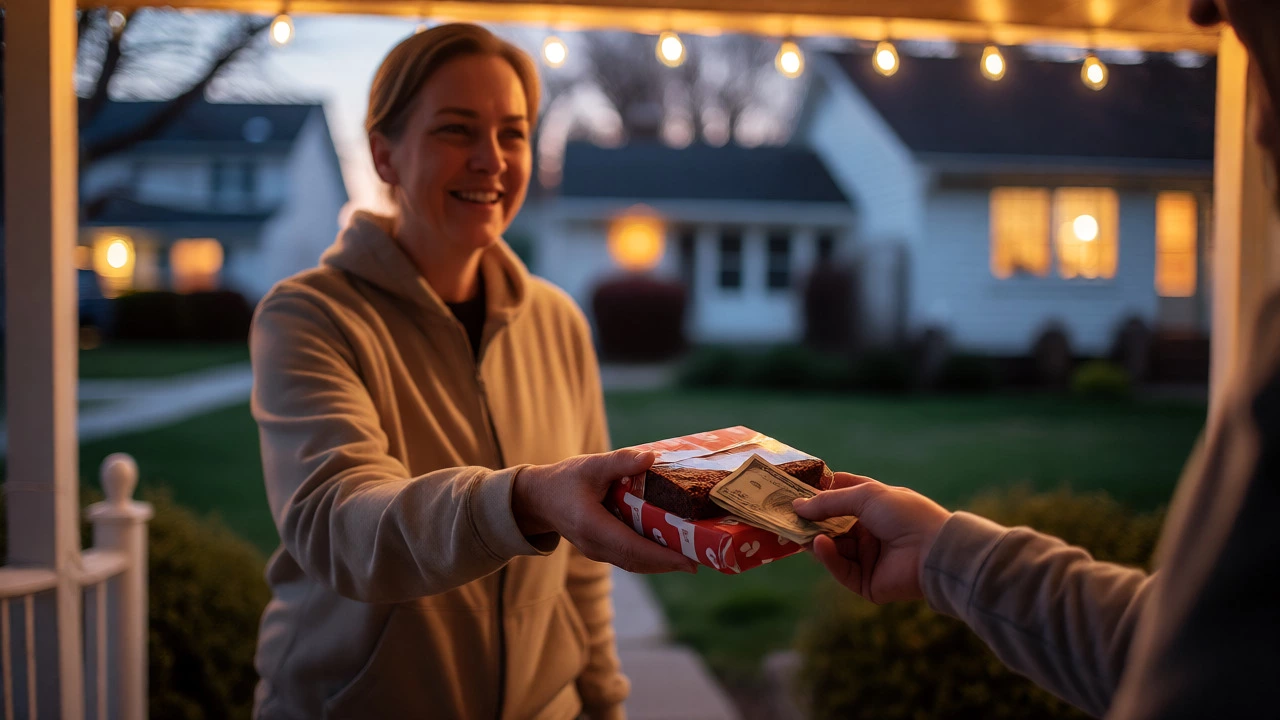 Neighbors exchanging cash for packaged brownies at a front porch