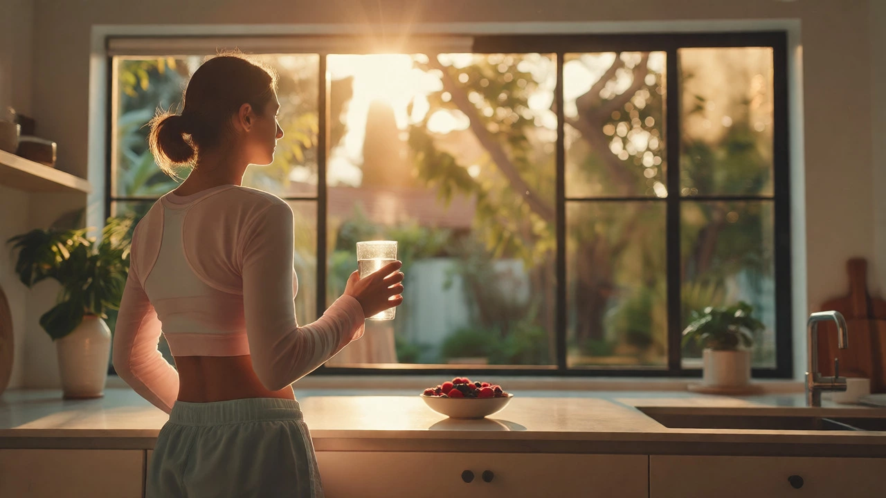 Person drinking water by a sunlit window in a modern kitchen with berries nearby.