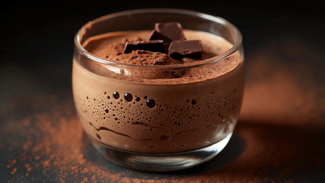 Rich chocolate mousse in a glass cup topped with cocoa powder and chocolate shards.
