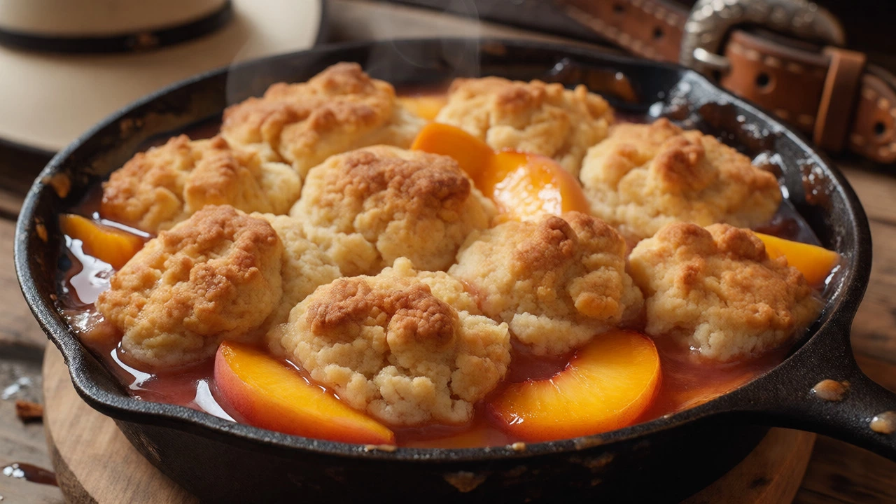 Rustic peach cobbler with biscuit topping in a cast-iron skillet