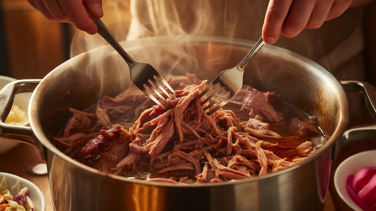 Shredded pulled pork being separated with forks
