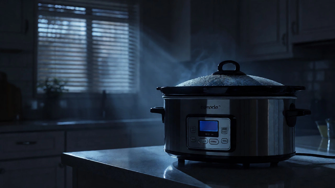 Slow cooker in a dark room during a power outage, showing lost heat and risk.