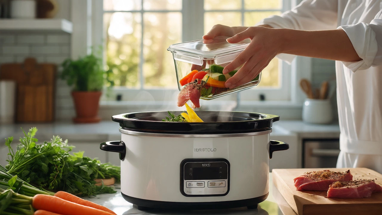 Transferring chilled prepped ingredients into a slow cooker for morning cooking.