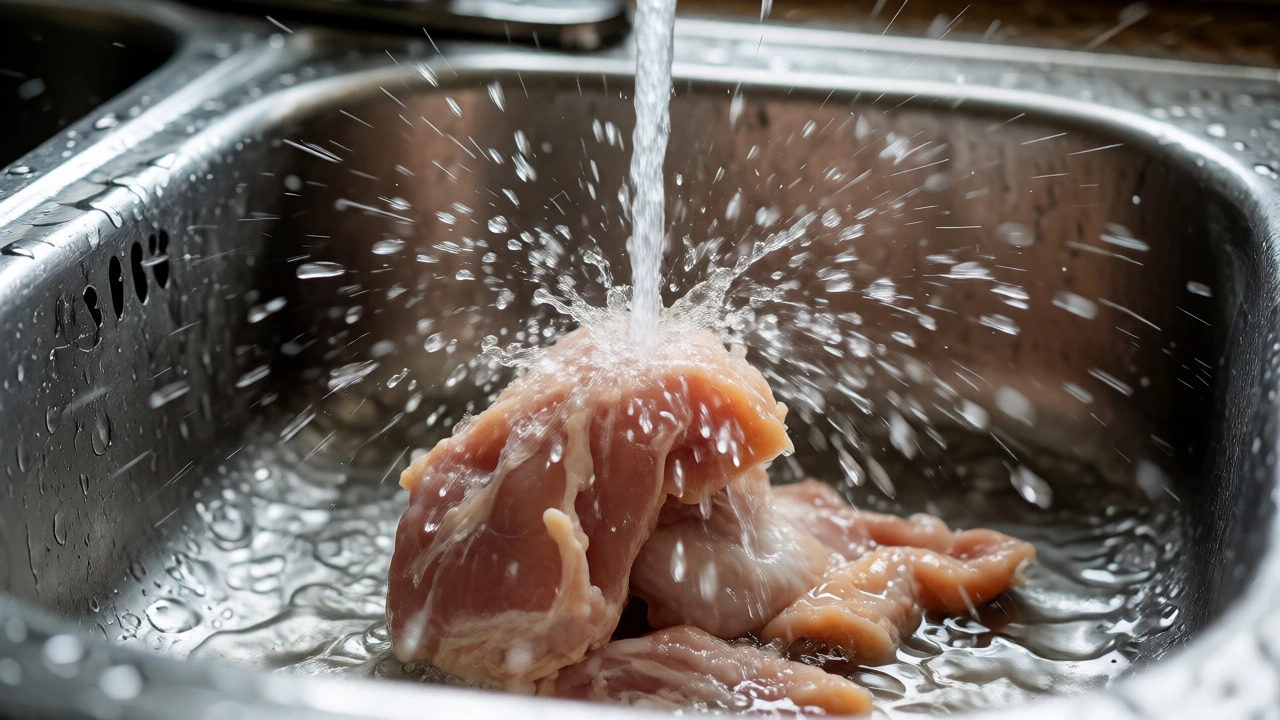Water splashing from raw chicken being rinsed in a sink