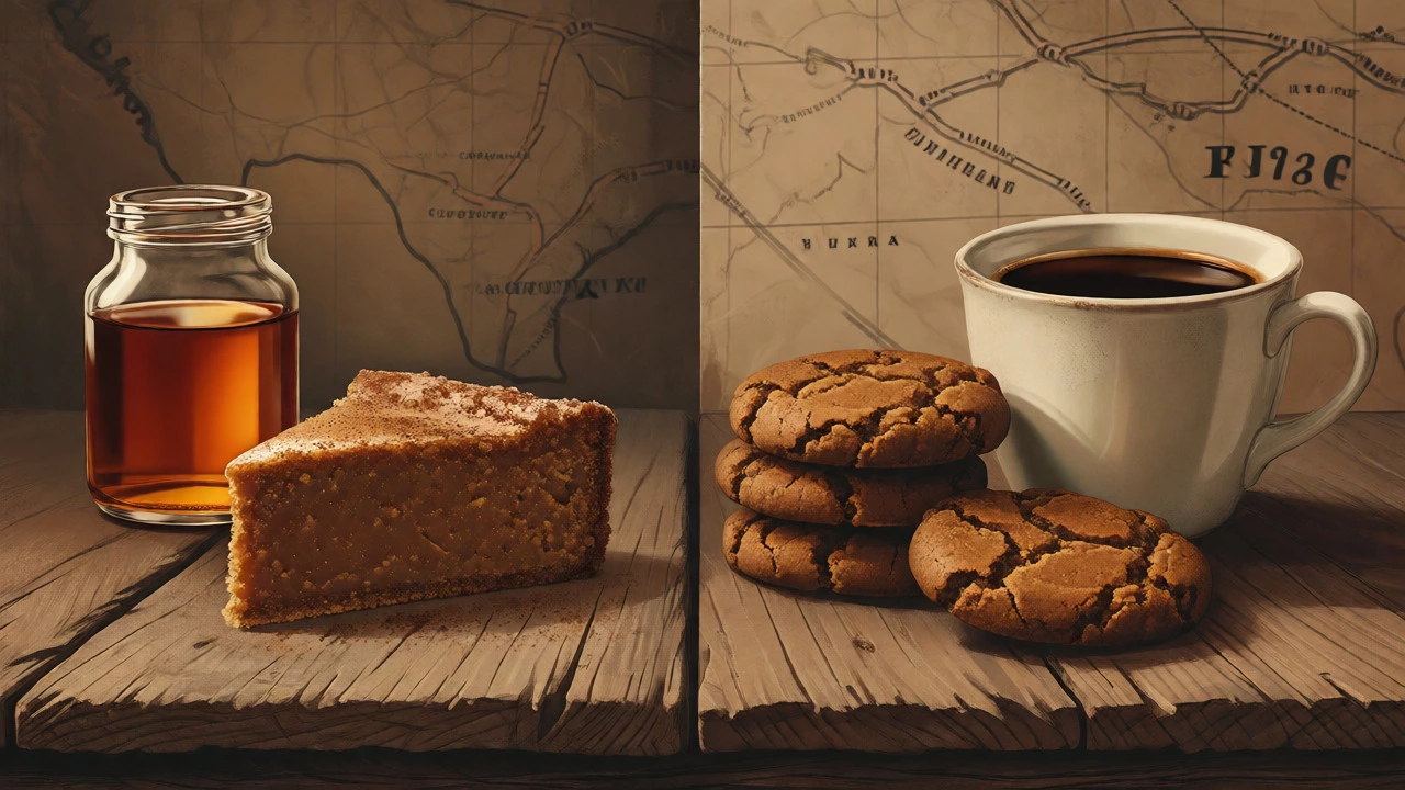Whiskey cake and molasses cookies displayed on a wooden surface
