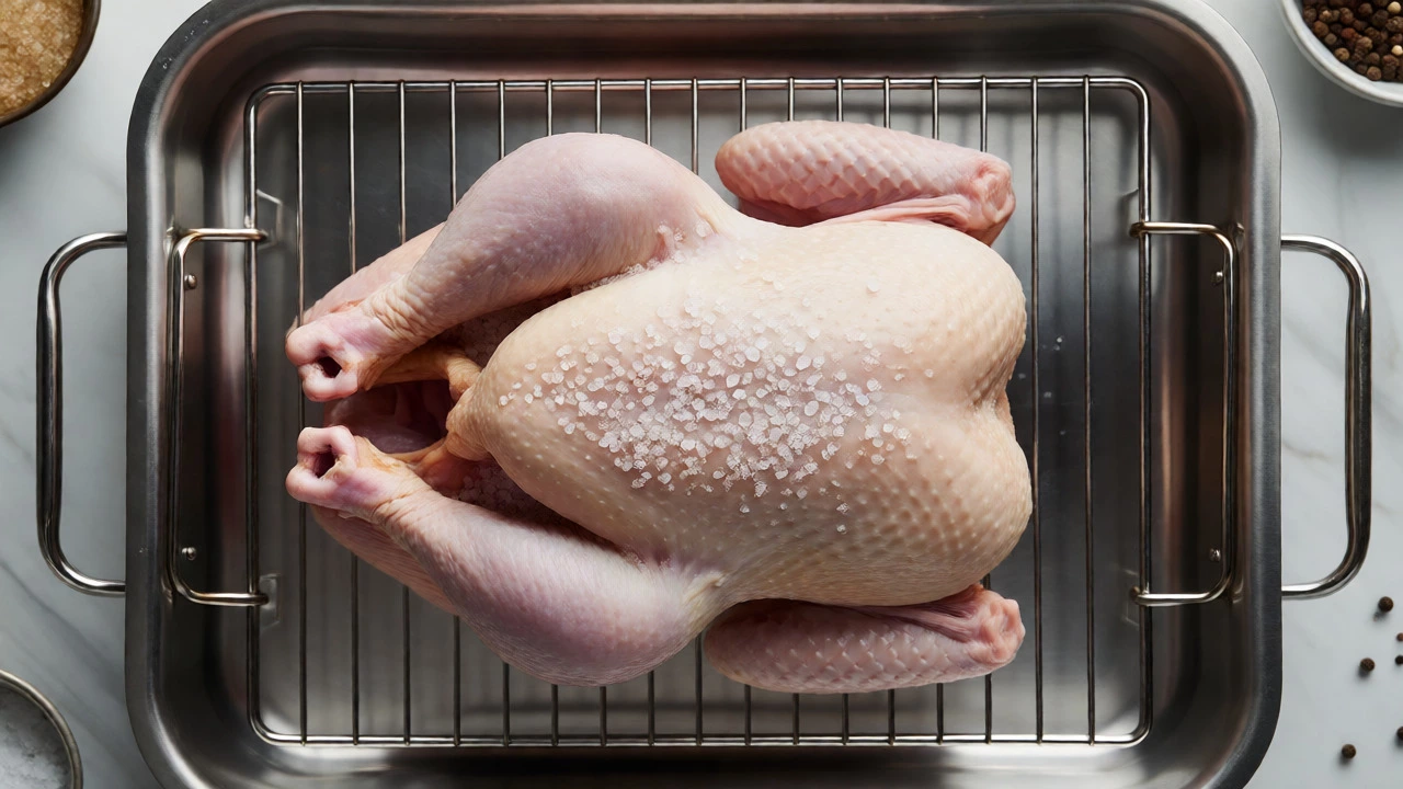 Whole chicken dry brined with coarse salt